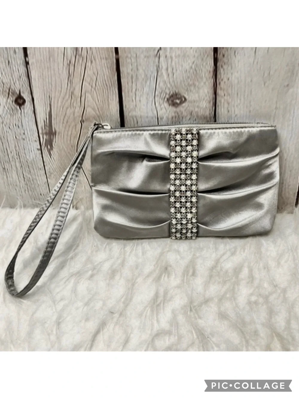RSVP Charming Charlie Clutch Purse Silver Satin Rhinestone Pearl Wristlet Glam